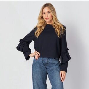 Solitaire Navy Ruffle Sleeve Blouse